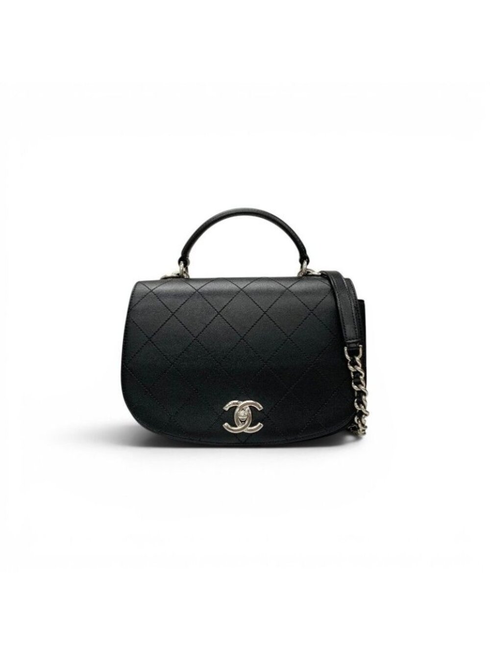 Chanel Shoulder Bag Black Silver Quilted CC Logo Turnlock Chain Single Flap